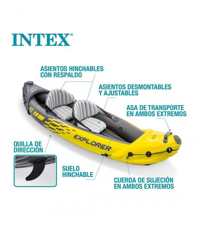 KAYAK HINCHABLE INTEX EXPLORER K2 + CHALECOS SALVAVIDAS AZUL Y BOLSAS ESTANCAS