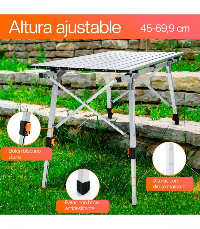 MESA PLEGABLE DE ALUMINIO CAMPING 89,9x53 CM ALTURA REGULABLE