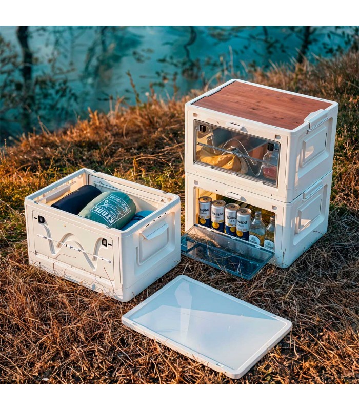 CAJA DE ALMACENAMIENTO PLEGABLE CON TAPA DE MADERA 47,5x35x28,5 CM