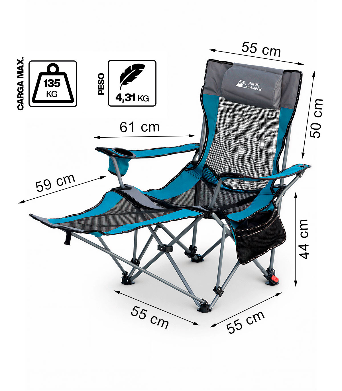 SILLA PLEGABLE CAMPING CON REPOSAPIES Y RESPALDO RECLINABLE