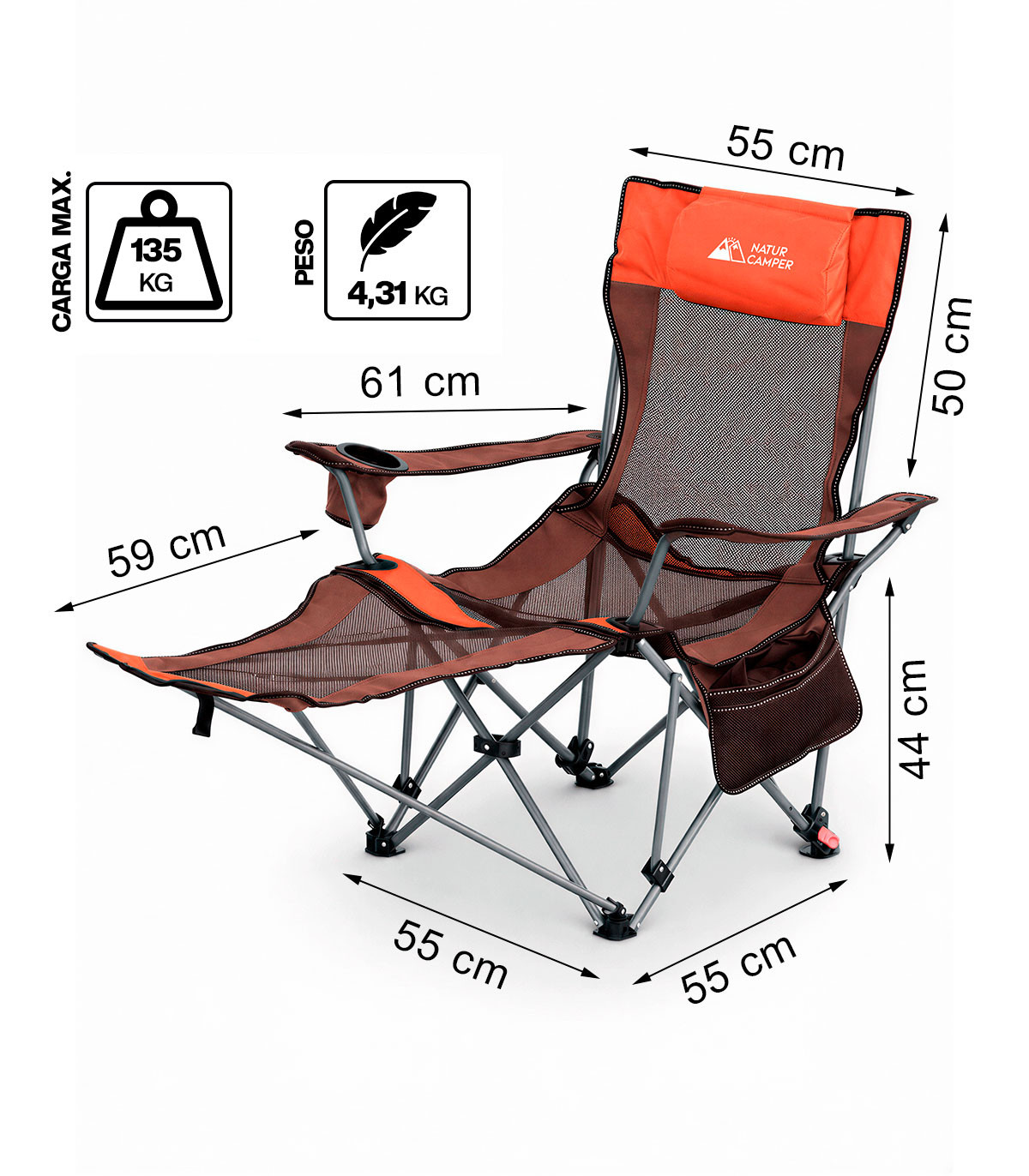 PACK 2 SILLAS PLEGABLES CAMPING CON REPOSAPIES Y RESPALDO RECLINABLE